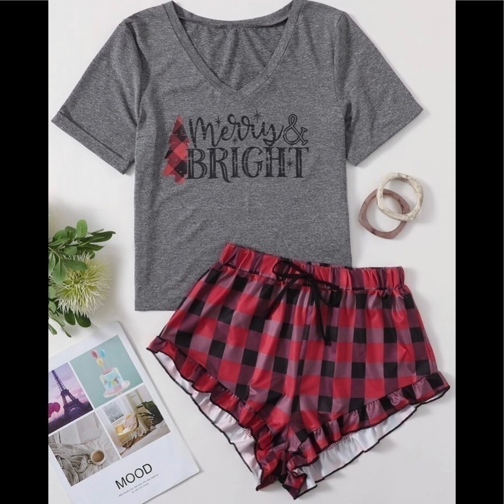 Christmas print ruffle hem pajama‎ set